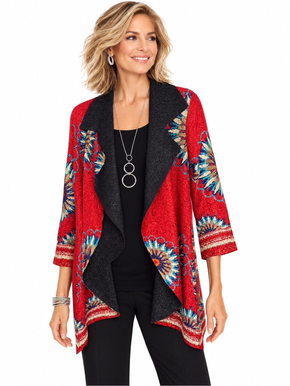 Chico's Travelers reversible red black Open-Front Floral Mandala Cardigan 2 L